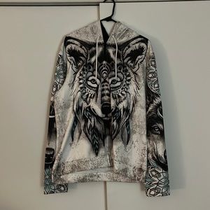 Men’s Large Trippy Wolf Hoodie white black and light blue